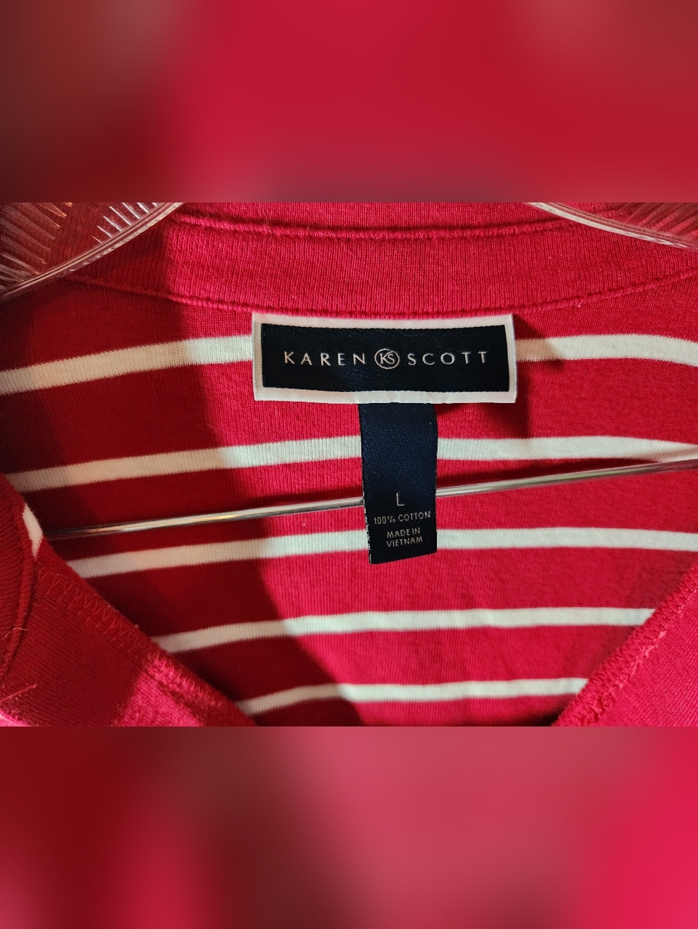 Karen Scott Red and White Striped Long Sleeve Nautical Vibes Polo Top Size L - Picture 3 of 6
